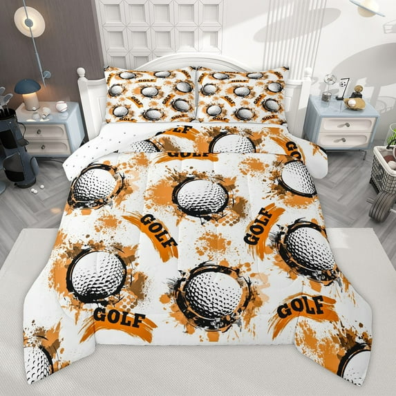 Manfei Golf Print 3 Pieces Queen Comforter Set for Children Kids Boys,Watercolor Splash Ultra Soft Bedding Sets,Sport Theme Bedding Comforter Set,Luxury Bedroom Decor,Reversible