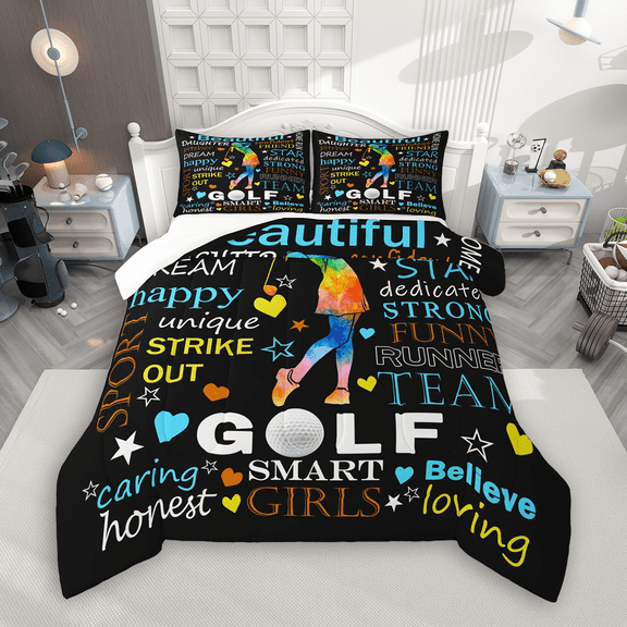 Manfei Golf Print Bedding Comforter Set 2pcs for Girls, Sports Theme Twin Comforter Sets, Black Bedding Set, Super Cozy Room Decor