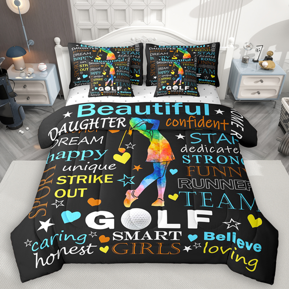 Manfei Golf Print Bedding Comforter Set 7pcs for Girls, Sports Theme King Bedding Sets, Black Bed Sheets, Super Cozy Room Decor