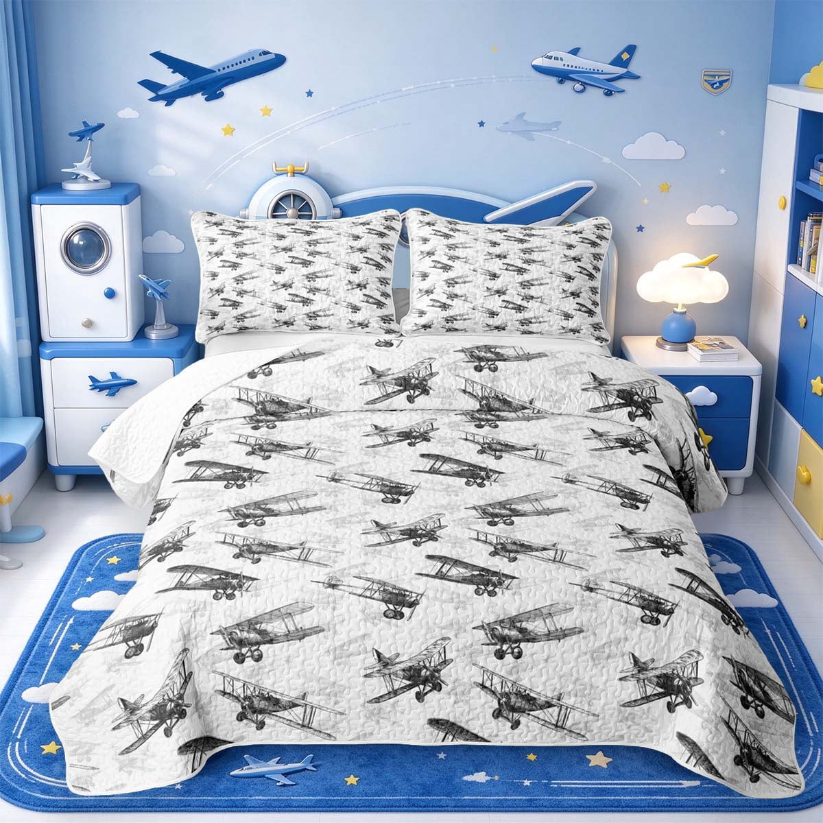Manfei Gorgeous Airplane Twin Quilt Set,Biplane Pattern Twin Coverlet ...