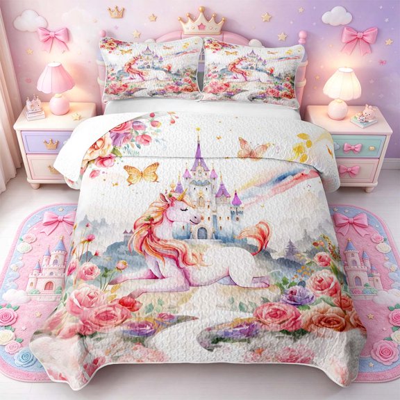 Manfei Gorgeous Castle Bed Spread Queen,Lovely Unicorn Queen Coverlet Set,3 Pieces,1 Quilt and 2 Pillowcases