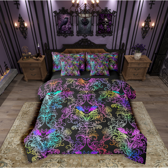 Manfei Gothic Bat Bedding Queen Size,Gradient Damask Comforter Sets with Sheets,Happy Halloween Bedding Sets Queen Size,Lightweight Exotic Room Decorative,Reversible,7pcs