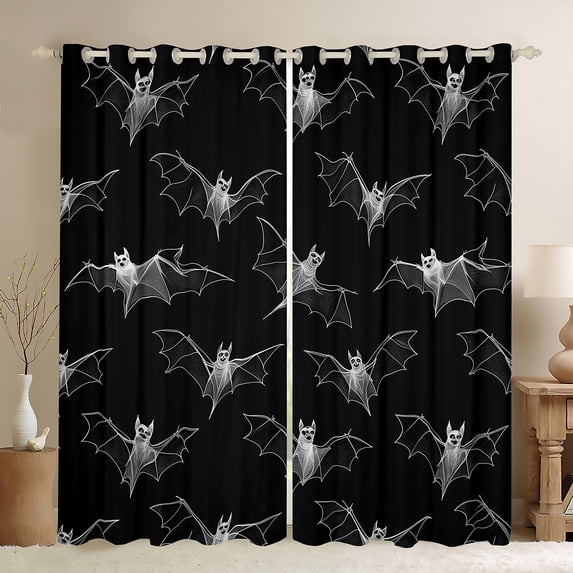 Manfei Gothic Bat Curtains Pack of 2 (42x84 Each), Black White Curtains Blackout, Happy Halloween Living Room Curtains, Luxury Bedroom Decor
