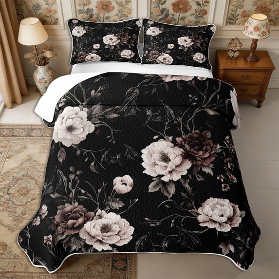 Manfei Gothic Bat Flower Quilt Full 3-Piece,Vintage Aesthetics Full Bedspread Sets,1 Coverlet and 2 Pillowcases