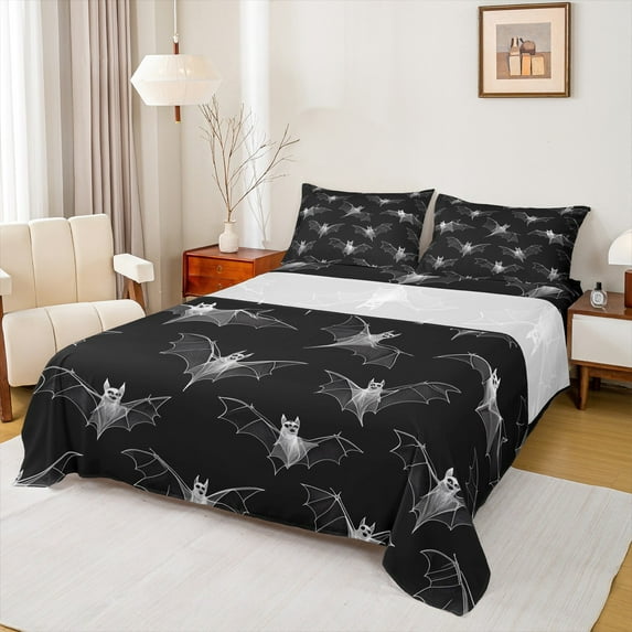 Manfei Gothic Bat Full Size Sheets, Black White Bed Sheets, Happy Halloween Sheet Sets, Microfiber Bedroom Decor 4pcs