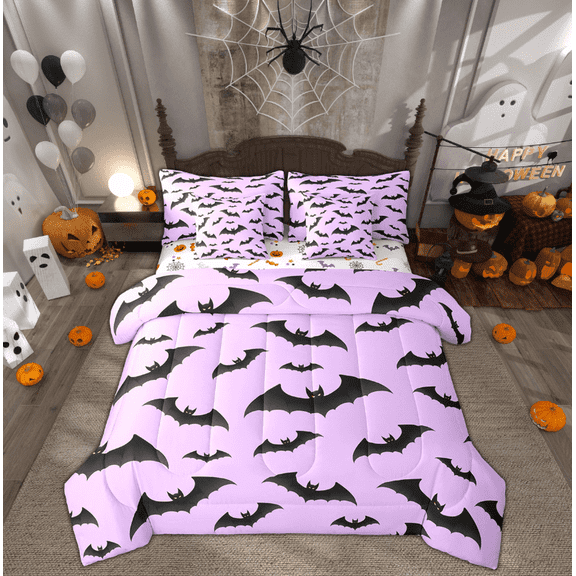Manfei Gothic Bat Print Bed in a Bag Twin size, Plum Bedding Sets Twin Size, Cartoon Halloween Reversible Bedding Twin Size, Microfiber Bedroom Decor, 7 Pieces