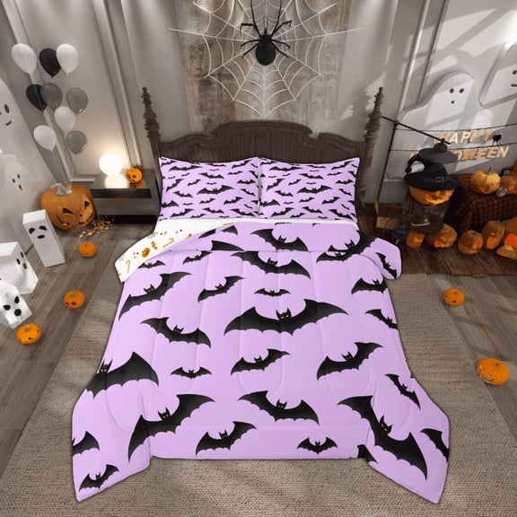 Manfei Gothic Bat Print Bedding Sets Full with Comforter, Plum Duvet Insert, Cartoon Halloween Reversible Comforter Sets Full Size, Microfiber Bedroom Decor, 3 Pieces
