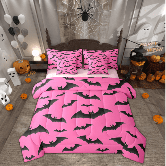 Manfei Gothic Bat Print Bedding Sets Twin Size, Deep Pink Bed in a Bag Twin size, Cartoon Halloween Reversible Comforter Sets with Sheets, Breathable Bedroom Decorative, 7pcs