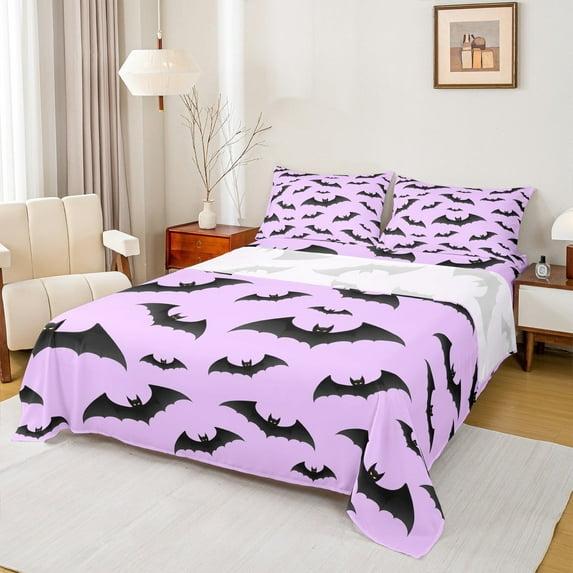 Manfei Gothic Bat Print Sheet Set Queen, Plum Bed Sheets Set Queen Size, Cartoon Halloween Queen Sheet Sets, Microfiber Bedroom Decor, 4 Pieces
