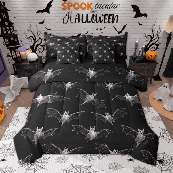 Manfei Gothic Bat Twin Bedding Sets 7pcs, Black White Bedding Comforter Set, Happy Halloween Sheet Sets, Microfiber Bedroom Decor