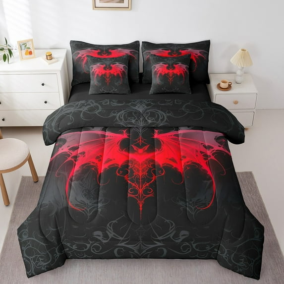 Manfei Gothic Bat Twin Bedding Sets 7pcs,Halloween Bats Bedding Comforter Set 7pcs,Red Black Sheet Sets For Boys Kids,Breathable Room Decorative Reversible