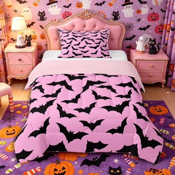 Manfei Gothic Bat Twin Comforter Sets 2pcs, Spooky Animal Halloween Bedding Set, Pink Black,Pink Reversible,1 Comforter and 1 Pillowcase