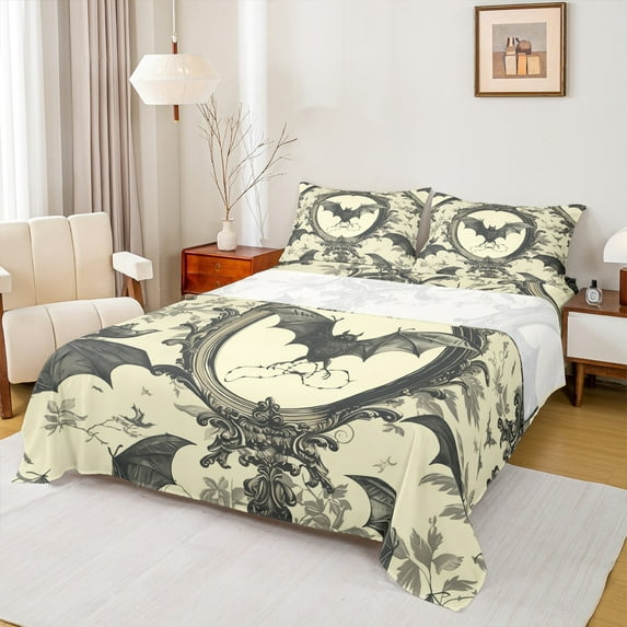 Manfei Gothic Bat King Sheet Set, Western Hippie Leaf Plant 4-Piece Bedding Sets