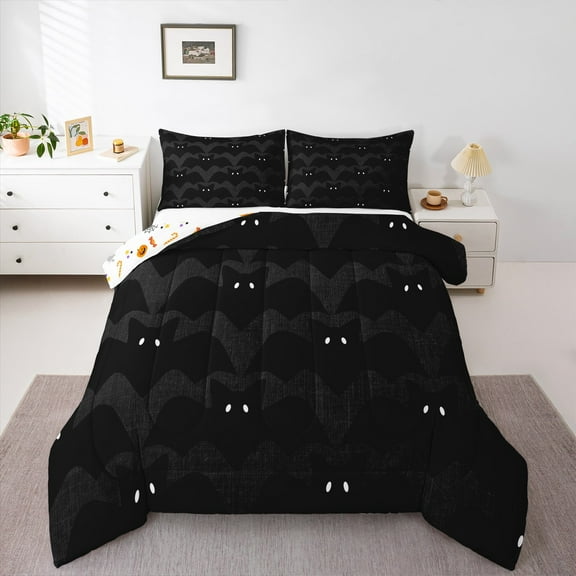 Manfei Gothic Black Bat Queen Comforter Set, Cartoon Halloween Animal Bedding Comforter Set, Teens Kids Child Reversible Bedding Set, Microfiber Bedroom Decor, 3 Pieces