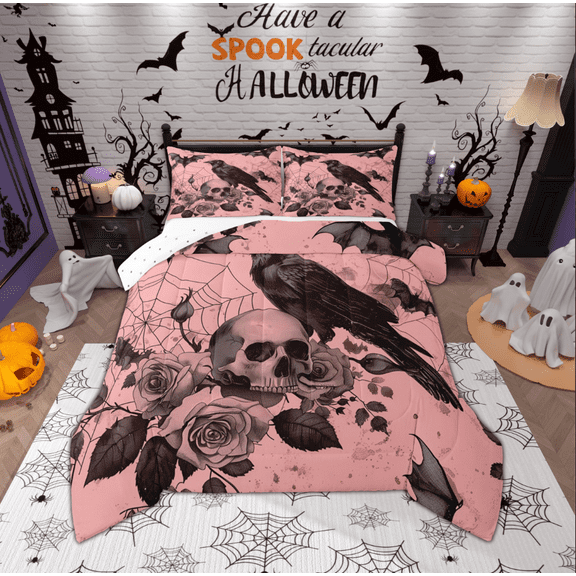 Manfei Gothic Black Crow Bedding Comforter Set for Kids, Halloween Skeleton Skull Twin Comforter Sets, Romantic Flower Reversible Bedding Set, Lightweight Room Decor, 2-Piece