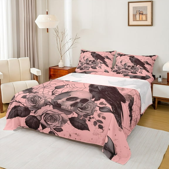 Manfei Gothic Black Crow Queen Sheet Sets for Kids, Halloween Skeleton Skull Flat Sheet, Romantic Flower Queen Fitted Sheet, Lightweight Room Decor, 4-Piece