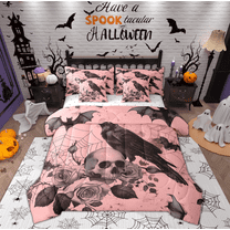 Manfei Gothic Black Crow Twin Bedding Sets 7-Piece for Kids, Halloween Skeleton Skull Bedding Comforter Set, Romantic Flower Reversible Sheet Sets, Lightweight Room Decor