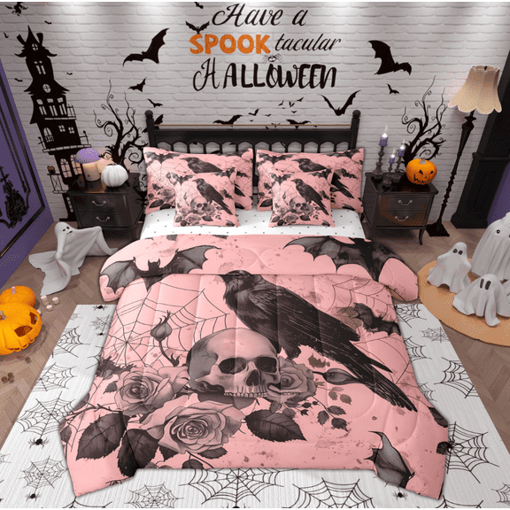 Manfei Gothic Black Crow Twin Bedding Sets 7-Piece for Kids, Halloween Skeleton Skull Bedding Comforter Set, Romantic Flower Reversible Sheet Sets, Lightweight Room Decor