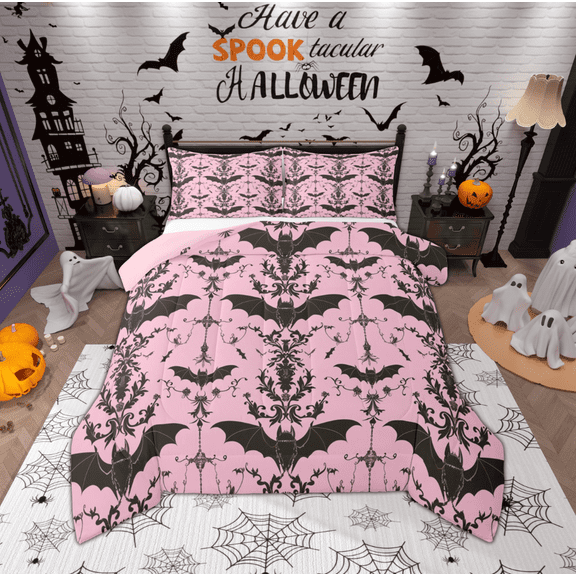 Manfei Gothic Black Pink Bat Queen Comforter Set for Kids, Halloween Animal Bedding Sets, Romantic Damask Flower Reversible Bedding Comforter Set, Ultra Soft Home Decor, 3pcs