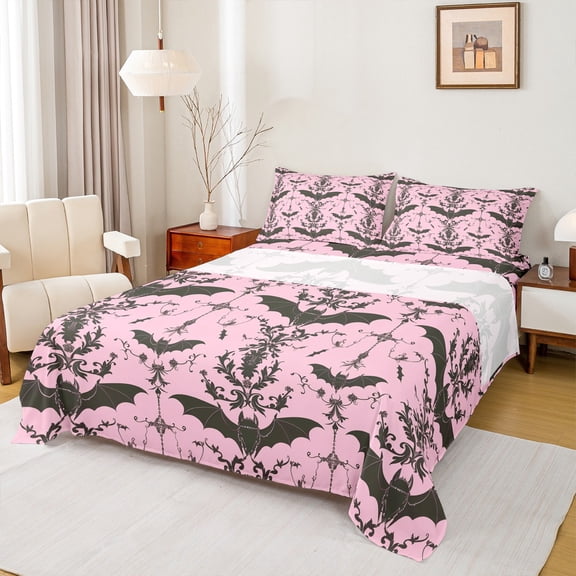 Manfei Gothic Black Pink Bat Twin Sheet Sets for Kids, Halloween Animal Twin Fitted Sheet, Romantic Damask Flower Flat Sheet, Ultra Soft Home Decor, 3pcs