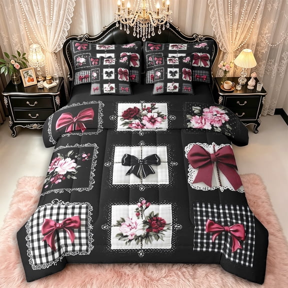 Manfei Gothic Bow Bedding Comforter Set 7pcs for Girls Teens,Kids Geometric Plaid Vintage Roses Queen Bedding Sets,Black Reversible,Ultra Soft Home Decor