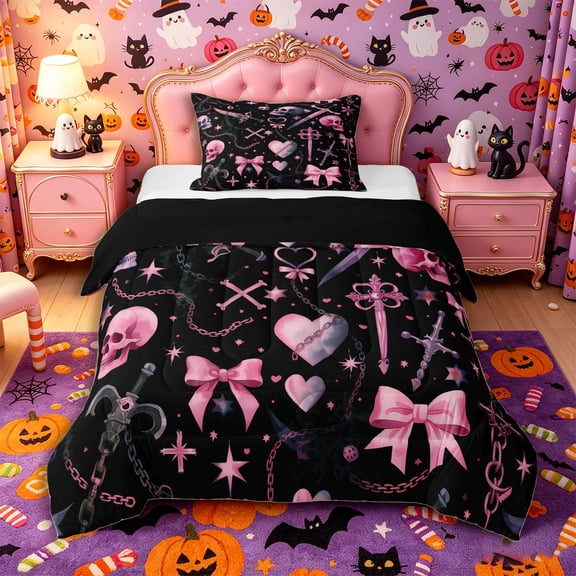 Manfei Gothic Bow Skull Twin Comforter Sets 2pcs, Halloween Romantic Love Heart Bedding Set, Black Pink Purple,Black Reversible,1 Comforter and 1 Pillowcase