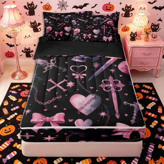 Manfei Gothic Bow Skull Zipper Twin Comforter Sets with Fitted Sheet and 2 Pillowcases, Halloween Romantic Love Heart Zipper Bedding Set, Black Pink Purple,Black Reversible,4 Pieces