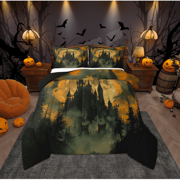 Manfei Gothic Castle Child Full Size Comforter Sets, Happy Halloween Bedding Comforter Set, Vintage Western Festival Reversible Bedding Sets, Ultra Soft Home Decor, 3-Piece