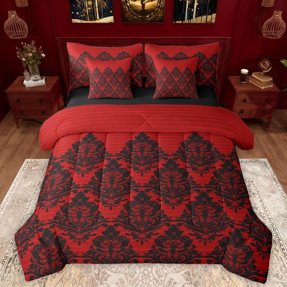 Manfei Gothic Damask 7-Piece Bedding Comforter Set,Boho Exotic Moth King Bedding Sets,Black Red Bed Sheets For Boys Girls,Luxury Bedroom Decor Reversible