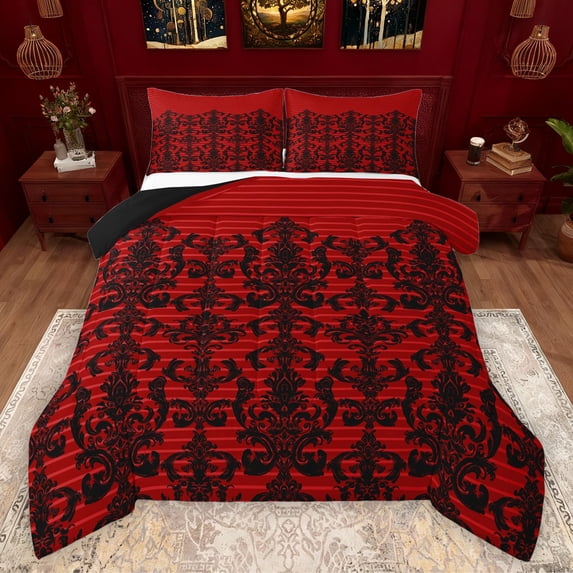 Manfei Gothic Damask Bedding Comforter Set,Boho Exotic Style Twin Comforter Sets,Black Red Bedding Set For Boys Girls,Luxury Bedroom Decor Reversible,2 Pieces