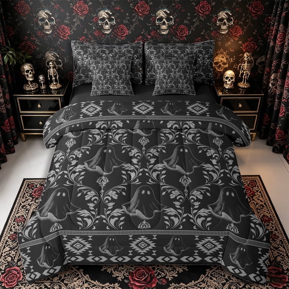 Manfei Gothic Damask Ghost Full Size Bedding Sets 7 Pieces, Halloween Tribal Baroque Floral Pattern Full Size Bed in a Bag, Black Gray,Black Reversible