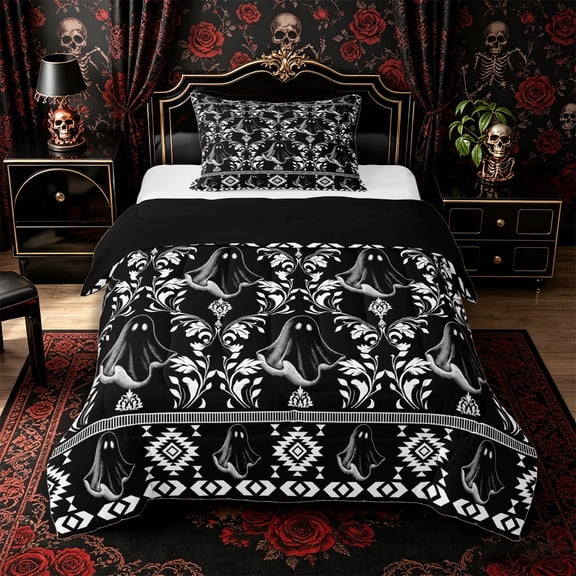 Manfei Gothic Damask Ghost Twin Comforter Sets 2pcs, Halloween Tribal Baroque Floral Pattern Bedding Set, Black White,Black Reversible,1 Comforter and 1 Pillowcase