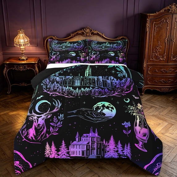 Manfei Gothic Dark Castle Full Size Comforter Sets,Retro Flowers Moon Bedding Comforter Set,Black Purple,Black Reversible,3 Pieces,1 Comforter and 2 Pillowcases