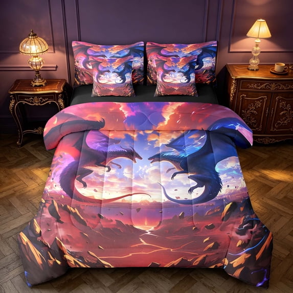 Manfei Gothic Dark Dragon Animals 7-Piece Twin Bedding,Vintage Bedding Comforter Set,Red Pink,Black Reversible