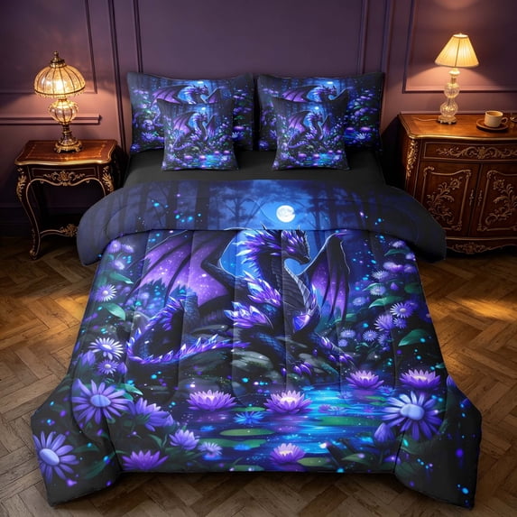Manfei Gothic Dark Dragon Animals 7-Piece Twin Bedding,Vintage Trees Water Lily Bedding Comforter Set,Black Reversible