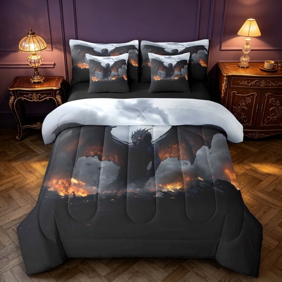 Manfei Gothic Dark Dragon Animals 7 Pieces Full Size Bedding Sets,Vintage Cloud Full Size Bed in a Bag,Blue Black,Black Reversible