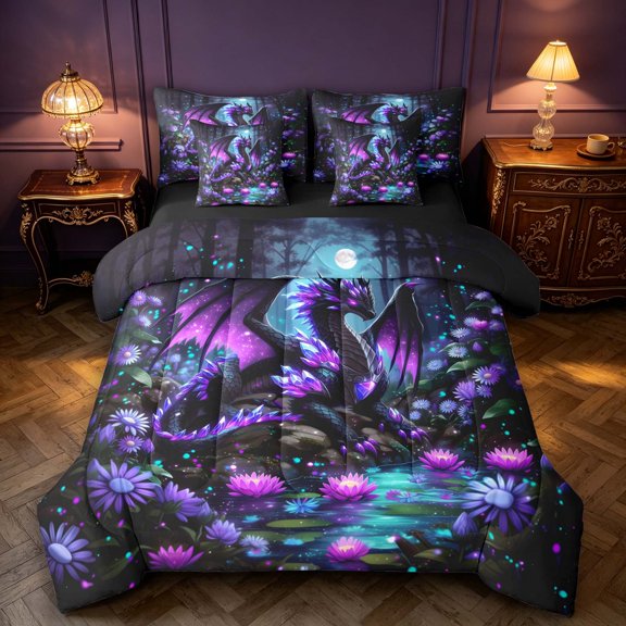 Manfei Gothic Dark Dragon Animals 7 Pieces Full Size Bedding Sets,Vintage Trees Full Size Bed in a Bag,Blue Purple,Black Reversible