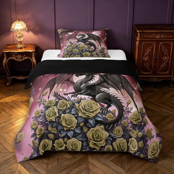 Manfei Gothic Dark Dragon Animals Twin Comforter Sets,Retro Starry Sky Bedding Set,Red Gray,Black Reversible,2pcs,1 Comforter and 1 Pillowcase
