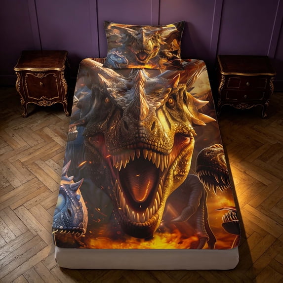 Manfei Gothic Dinosaur Wildlife Fitted Sheet Full,Vintage Animals Bed Set,Orange Red,3 Pieces,1 Fitted Sheet and 2 Pillowcases