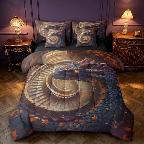 Manfei Gothic Dragon Animals 7 Pieces Full Size Bedding Sets,Vintage Autumn Leaf Full Size Bed in a Bag,Brown,Black Reversible