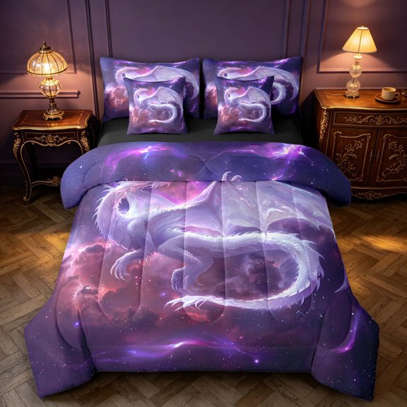 Manfei Gothic Dragon Animals 7 Pieces Full Size Bedding Sets,Vintage Cloud Stars Full Size Bed in a Bag,Purple Pink,Black Reversible