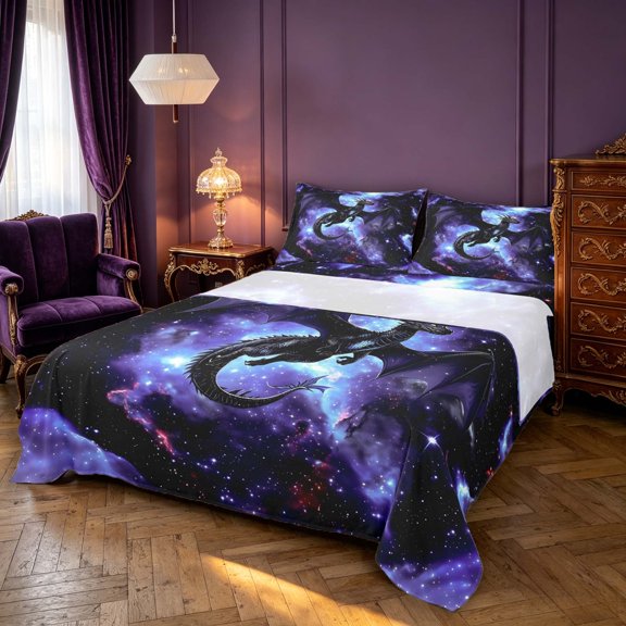Manfei Gothic Dragon Animals Bed Sheets,Vintage Wildlife Full Size Sheets,Blue Purple,4pcs,1 Flat Sheet,1 Fitted Sheet and 2 Pillowcases