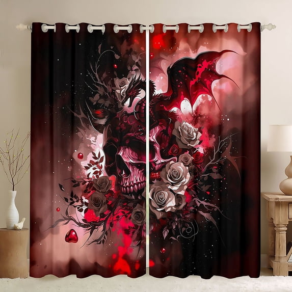 Manfei Gothic Dragon Animals Blackout Curtains,Retro Rose Skull Curtains Pack of 2 (42x84 Each),Red Black