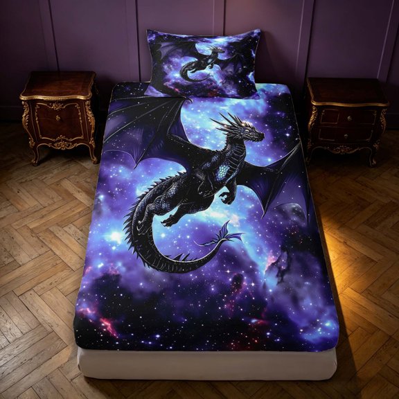 Manfei Gothic Dragon Animals Fitted Sheet Full,Vintage Wildlife Bed Set,Blue Purple,3pcs,1 Fitted Sheet and 2 Pillowcases