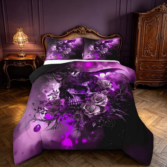 Manfei Gothic Dragon Animals Full Size Comforter Sets,Retro Rose Skull Bedding Comforter Set,Pink,Black Reversible,3-Piece,1 Comforter and 2 Pillowcases