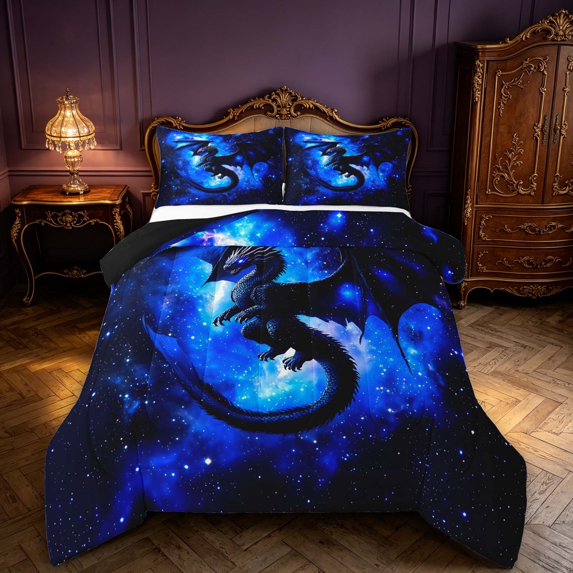 Manfei Gothic Dragon Animals Queen Comforter Set,Vintage Cloud Stars Comforter Sets Queen,Navy Blue,Black Reversible,3-Piece,1 Comforter and 2 Pillowcases