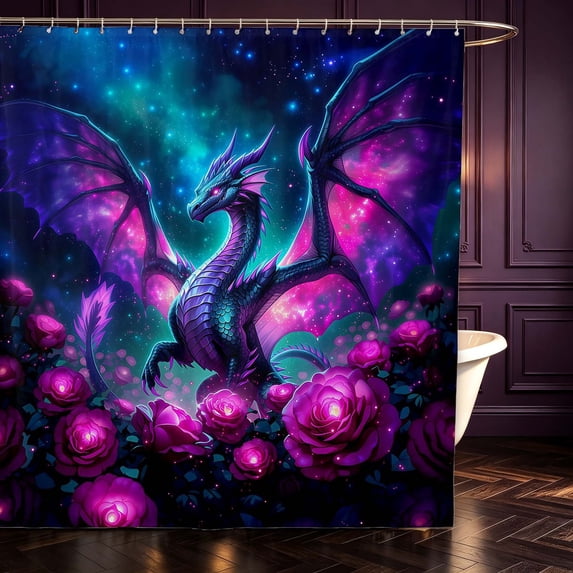 Manfei Gothic Dragon Animals Shower Curtain 72Wx72L,Vintage Rose Starry Sky Bathroom Curtain,Blue Pink