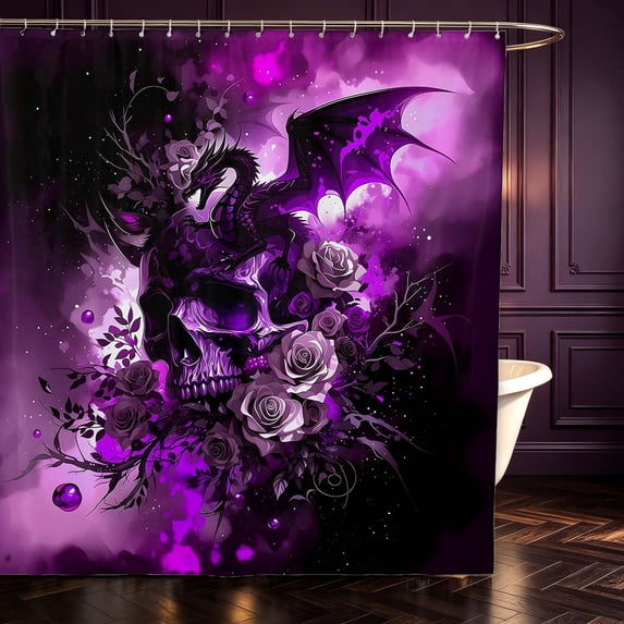 Manfei Gothic Dragon Animals Shower Curtain 72Wx78L,Retro Rose Skull Bath Curtain,Pink