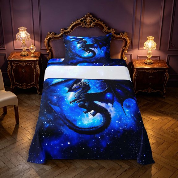 Manfei Gothic Dragon Animals Twin Sheets,Vintage Cloud Stars Bedding,Navy Blue,3 Pieces,1 Flat Sheet,1 Fitted Sheet and 1 Pillowcase