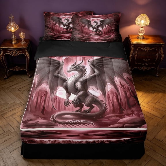 Manfei Gothic Dragon Animals Zipper Twin Comforter Sets with Fitted Sheet and 2 Pillowcases,Retro Trees Zipper Bedding Set,Red Pink,Black Reversible,4pcs